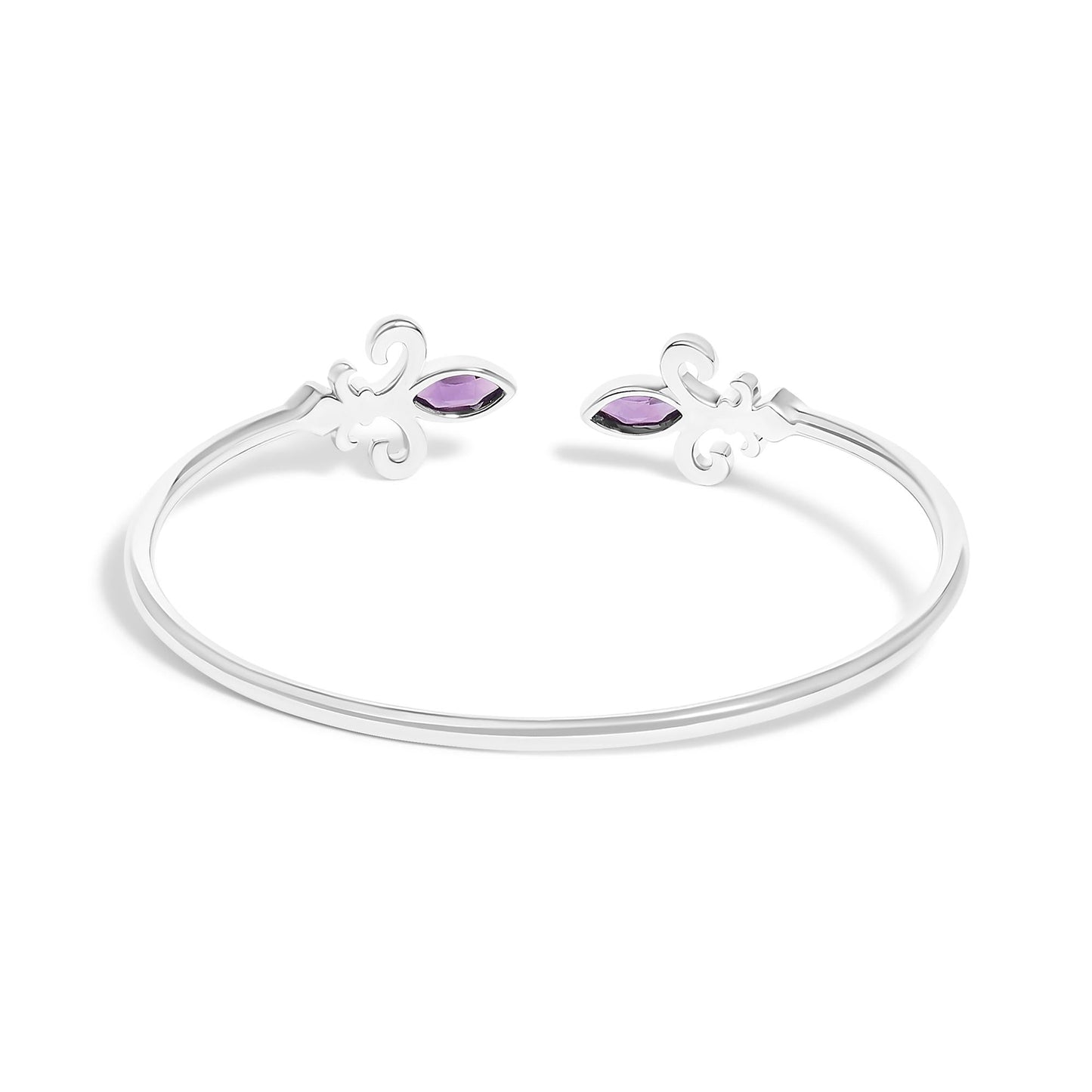 .925 Sterling Silver 8X4MM Marquise Purple Amethyst and Diamond Accent Fleur Di Lis Open Cuff Bangle (I-J Color, I1-I2 Clarity) - 7"