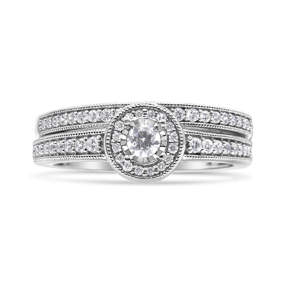 .925 Sterling Silver 1/2 Ctw Diamond Halo and Milgrain Engagement Ring Bridal Set (I-J Color, I3 Clarity)