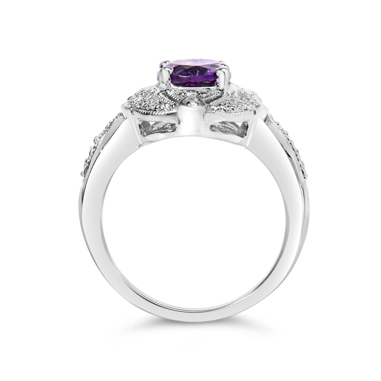 .925 Sterling Silver 9x7mm Oval Purple Amethyst and Round Diamond Accent Fashion Cocktail Ring (I-J Color, I1-I2 Clarity)