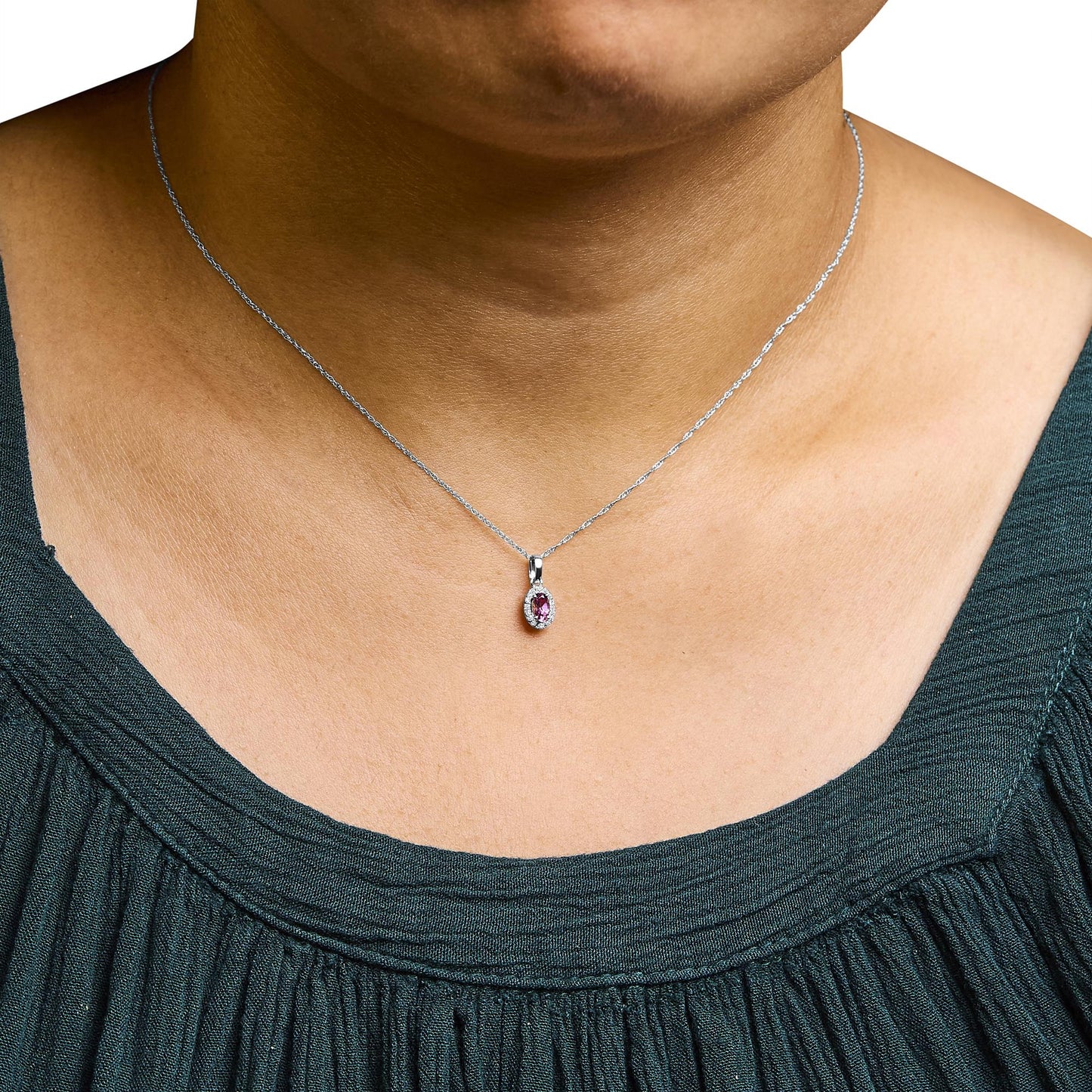 10K White Gold 5x3mm Gemstone and Diamond Accent Halo Oval Shape 18" Pendant Necklace (I-J Color, I1-I2 Clarity)