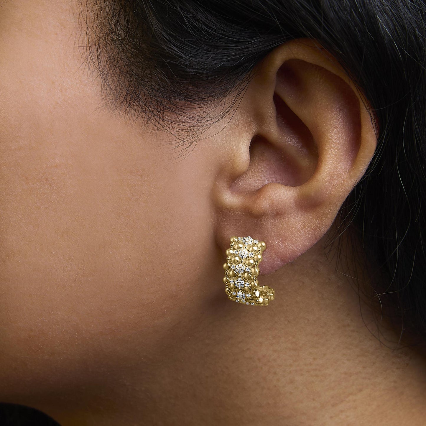 14K Yellow Gold Plated .925 Sterling Silver 3/8 Cttw Diamond and Ball Bead J Hoop Earrings (H-I Color, I1-I2 Clarity)