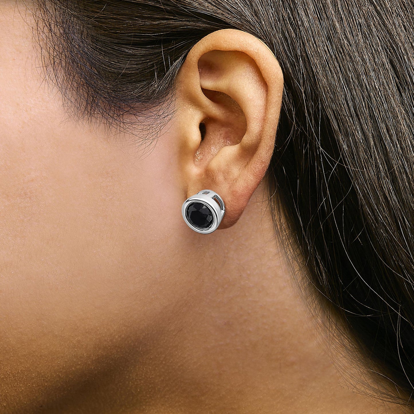 .925 Sterling Silver Round Brilliant-Cut Black Diamond Bezel-Set Stud Earrings with Screw Backs (Fancy Color-Enhanced, I2-I3 Clarity)