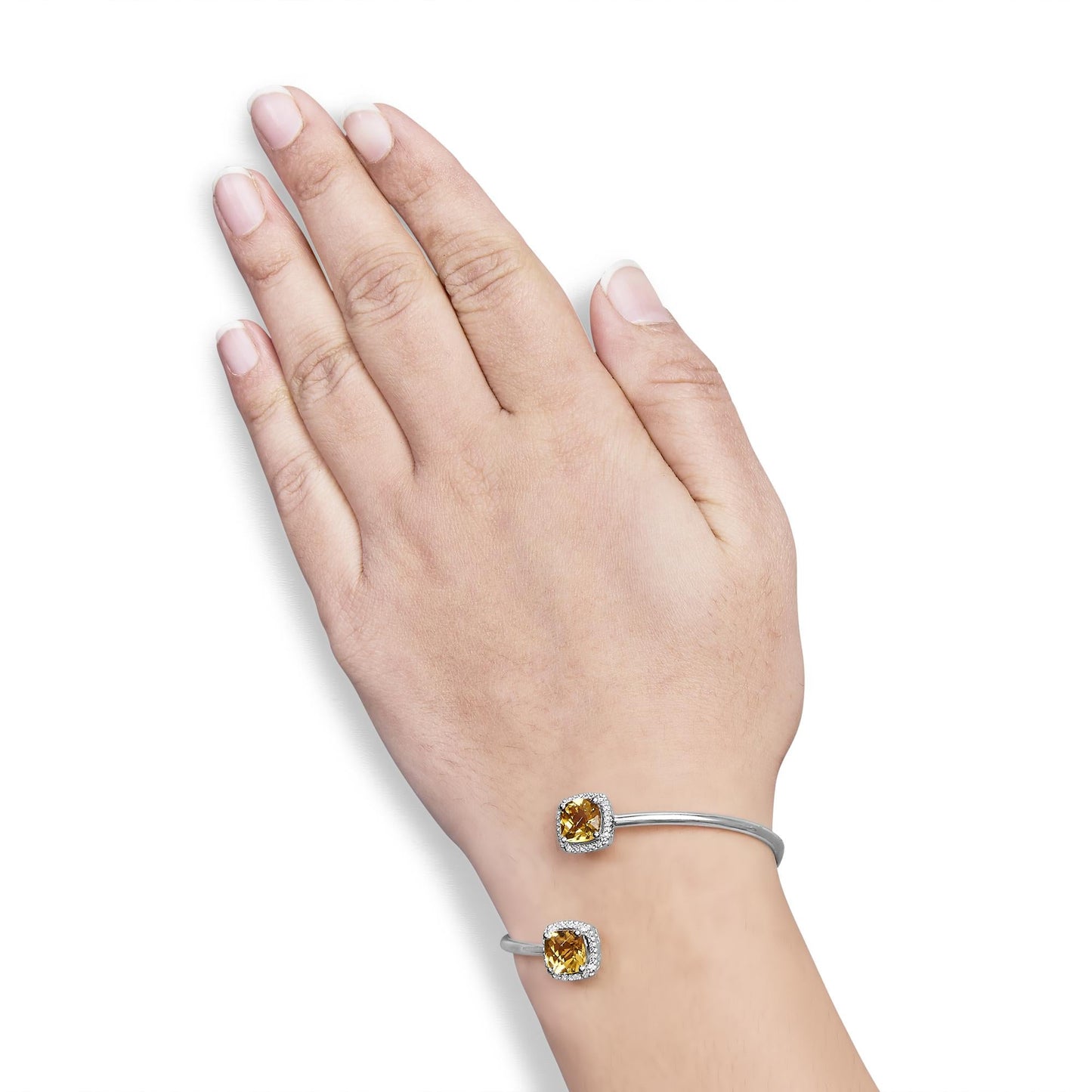 .925 Sterling Silver 8mm Cushion Cut Yellow Citrine Gemstone and Diamond Accent Split Bypass Bangle Bracelet (H-I Color, SI1-SI2 Clarity) - Fits up to 7.75" Inches