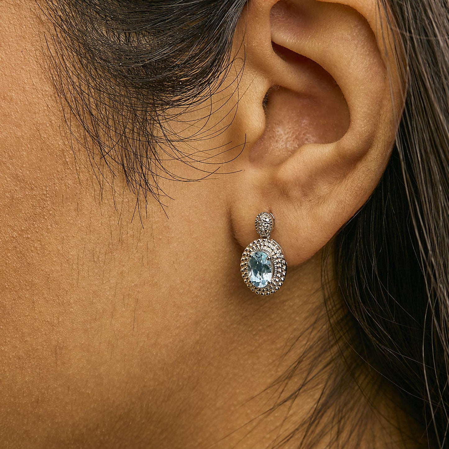 .925 Sterling Silver Diamond Accent and Oval Blue Topaz with Beaded Halo Drop Stud Earrings (I-J color, I1-I2 Clarity)