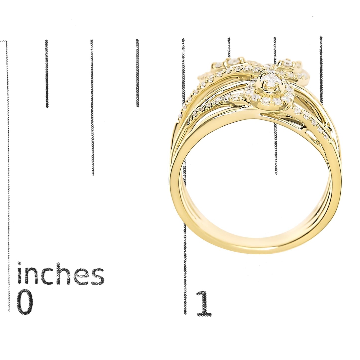 10K Yellow Gold 1/2 Cttw Diamond Crossover 3 Leaf Floral Cocktail Ring Band (H-I Color, SI1-SI2 Clarity)