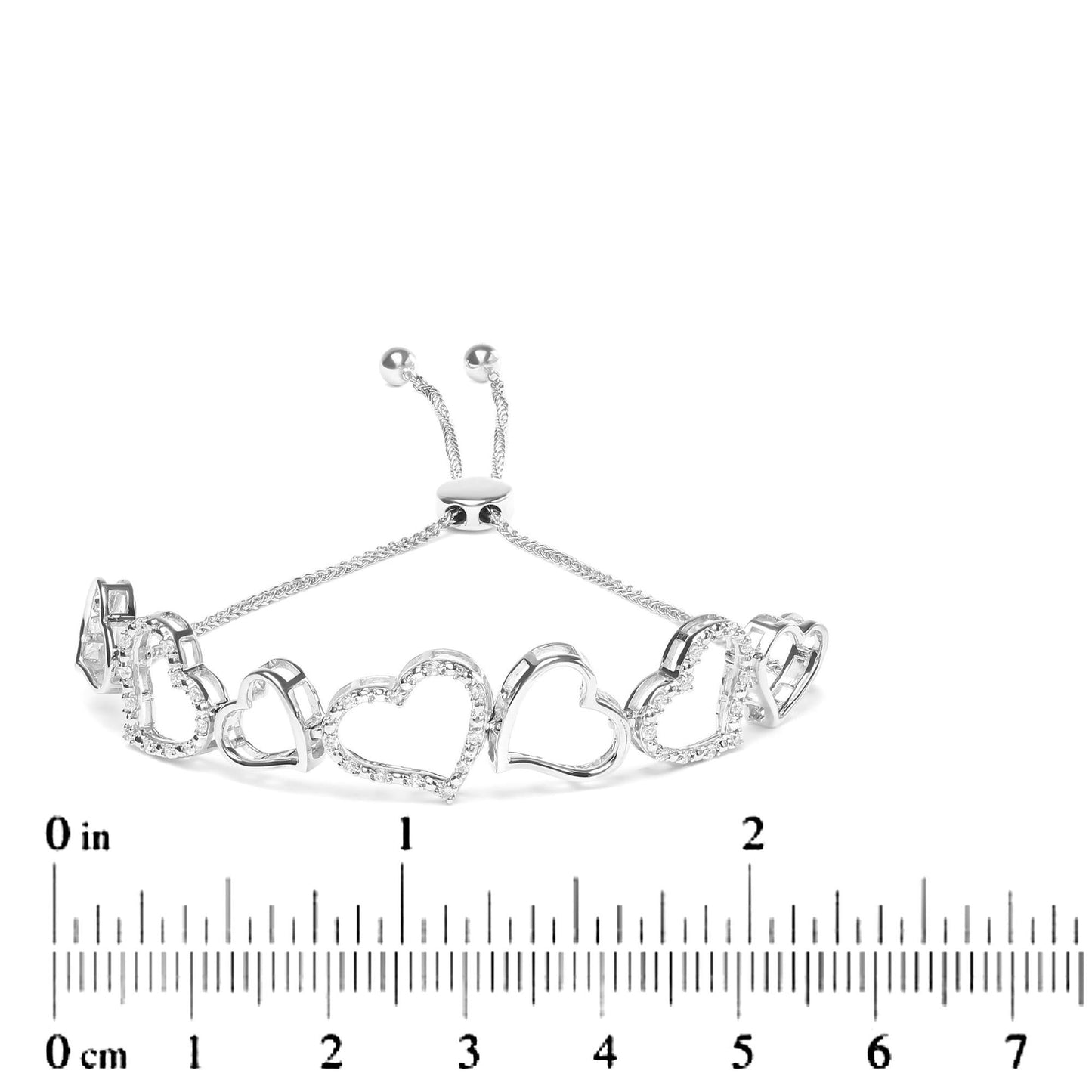 .925 Sterling Silver 1/4 Cttw Diamond Open Heart Link Adjustable Bolo Bracelet (I-J Color, I2-I3 Clarity) - 4 to 10 Inches