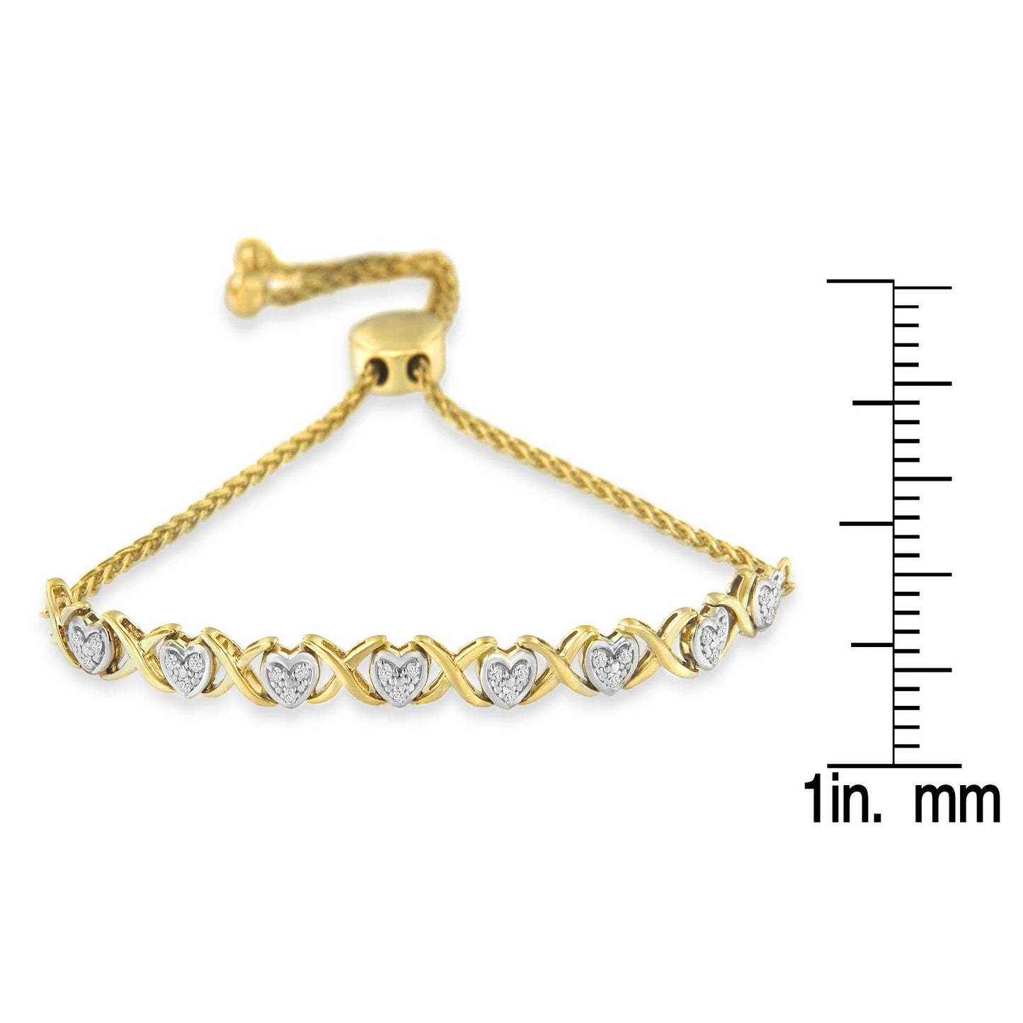 10K Yellow Gold over .925 Sterling Silver 1/10 Cttw Diamond Heart and X-Link 6â€-9†Adjustable Bolo Bracelet (H-I Color, I2-I3 Clarity)