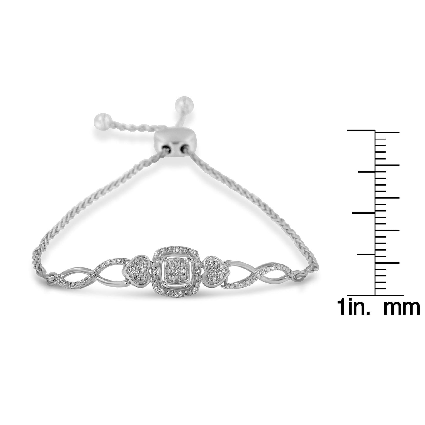 .925 Sterling Silver Diamond Cushion Frame Heart-Sides Twist 4â€-10†Adjustable Bolo Tennis Bolo Bracelet (I-J Color, I3 Clarity)