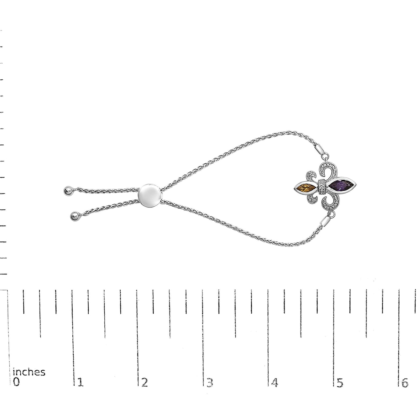 .925 Sterling Silver Marquise Purple Amethyst, Orange Citrine, and Diamond Accent Lariat 4â€-10†Fleur De Lis Adjustable Bolo Bracelet (I-J Color, I1-I2 Clarity)