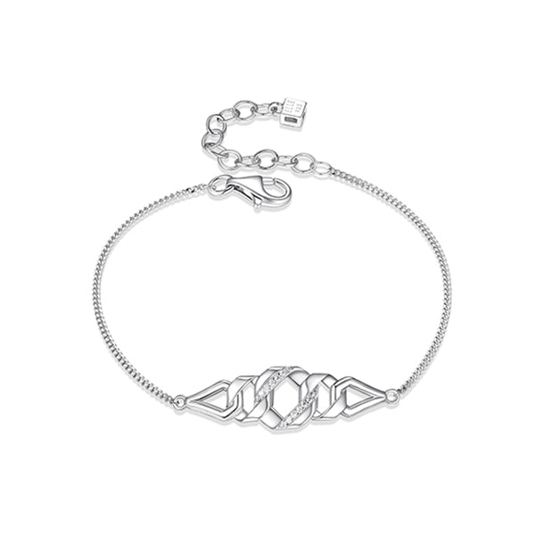 ELLE "Lattice" Sterling Silver Hexagon Link and Pave Cubic Zirconia Station Bracelet - Silver