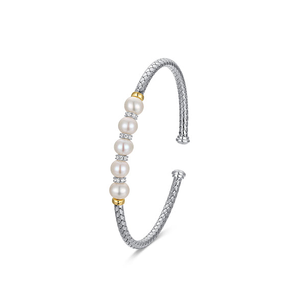 Elegant New Mesh Genuine Pearl & CZ Cuff Bangle
