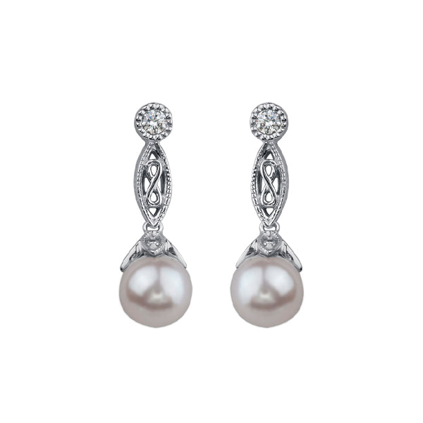 6mm Pearl and Diamond Drop Earrings in 14K White Gold (0.095 CT. T.W.)