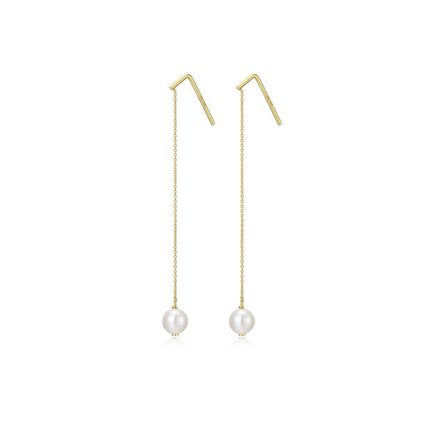 6mm Genuine Pearl Long Chain Earrings - Gold
