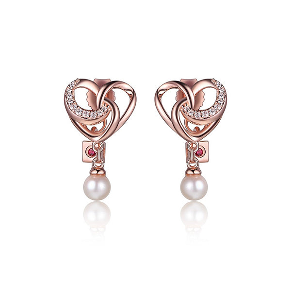 ELLE "Amour" Sterling Silver Cubic Zirconia and Genuine Pearl Heart Post Earrings - Rose Gold