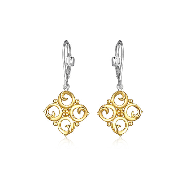 ELLE "Venice" Sterling Silver Swirl Motif Dangle Earrings - Silver and Gold