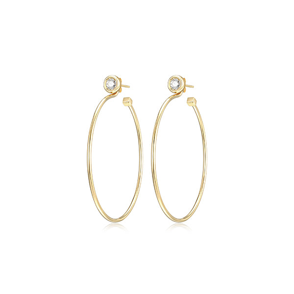 ELLE "Bubble" Sterling Silver 2 in 1, CZ Bezel Set Stud and Removable Hoop Earrings - Gold