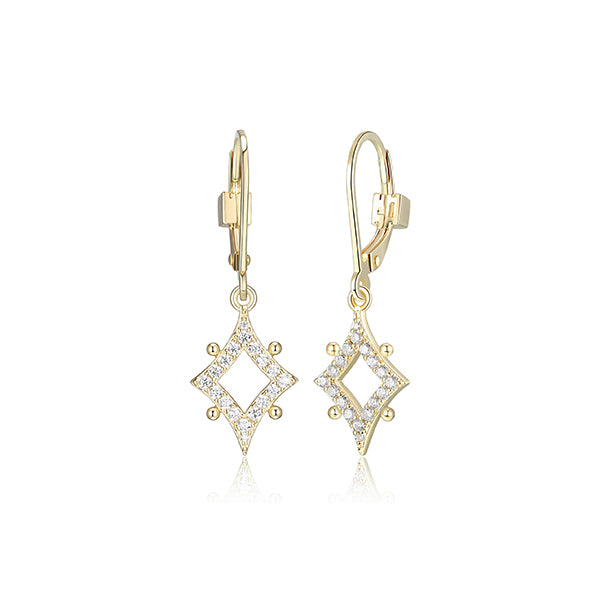ELLE "Stellar" Sterling Silver Gold Plated Plain Rhombus with Pave Cubic Zirconia Dangle Earrings - Gold