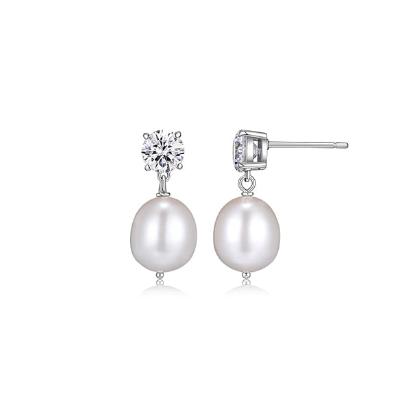 Diamondlite Cubic Zirconia 6mm and 11x9mm Genuine Oval Pearl Drop Earrings in Sterling Silver - Silver