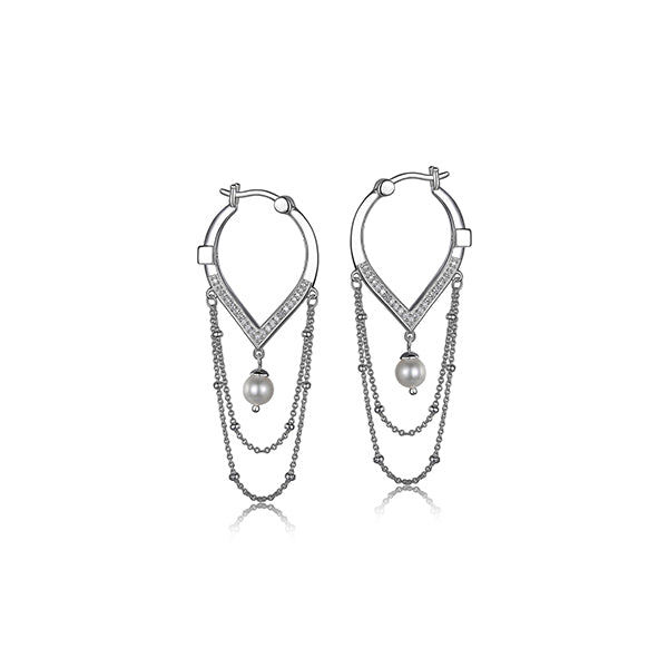 ELLE "Majestic" Sterling Silver Pearl and CZ "V" shaped Chain and Bead Hoop Earrings - Silver