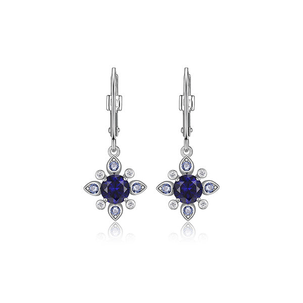 ELLE "Blue Star" Sterling Silver Created Sapphire and Lab Grown Diamond Star Dangle Earrings - Silver