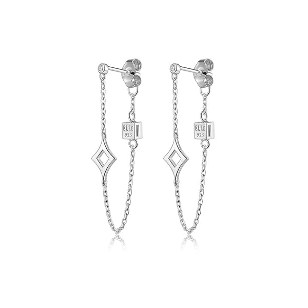 ELLE "Stellar" Sterling Silver Rhodium Plated Plain Rhombus with Cubic Zirconia Stud and Chain Earrings - Silver