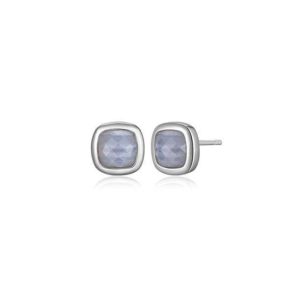 ELLE "Mirage" Cushion Cut Bezel Set Blue Lace Agate Stud Earrings - Silver