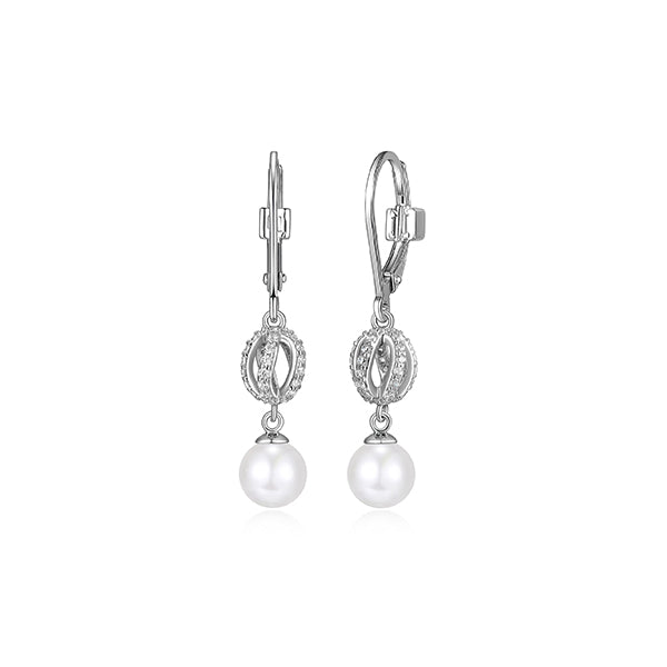 ELLE "Luna" Sterling Silver White Pearl and Cubic Zirconia Dangle Lever Back Earrings - Silver