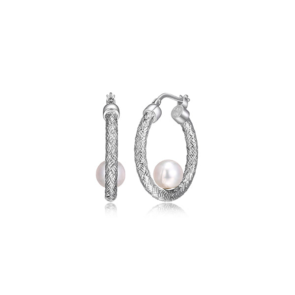 Charles Garnier Sterling Silver "Venus" White Pearl on Mesh Circle Hoop Earrings - Silver