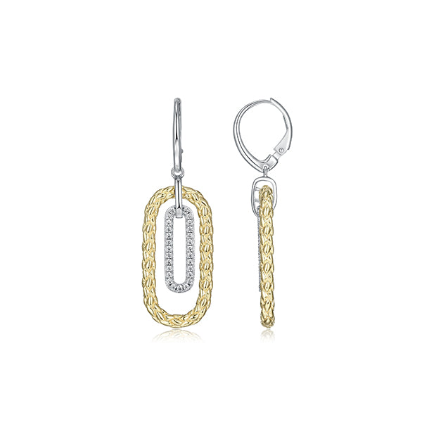 Charles Garnier Sterling Silver "Paperclip" Link with CZ Leverback Earrings - Silver and Gold