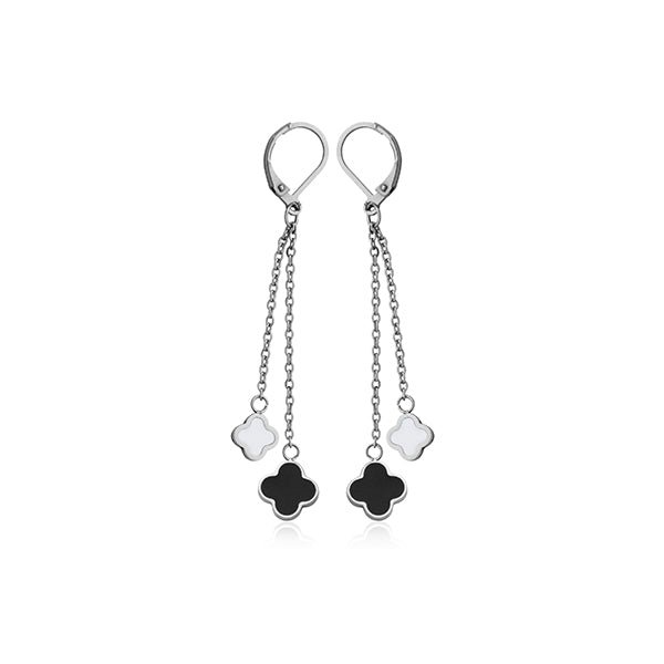 CJ Steelx Clover Dangle Stainless Steel Earring with Black and White Enamel
