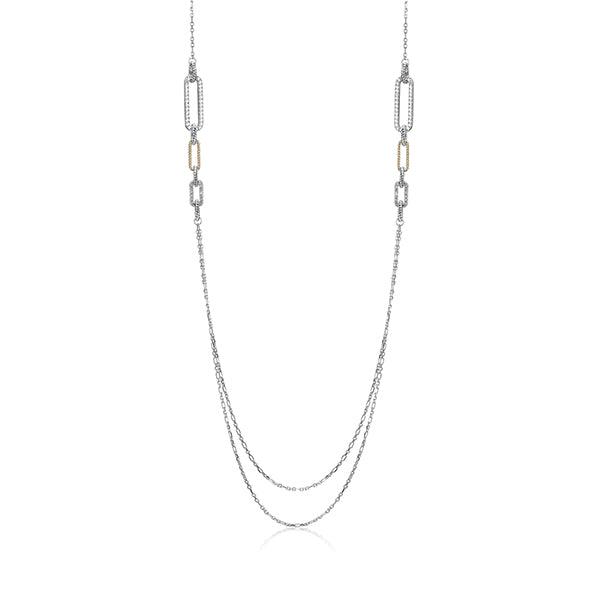 Charles Garnier Sterling Silver "PAPERCLIP" Rope and CZ Link with 2 Strands Long Necklace - Silver and Gold