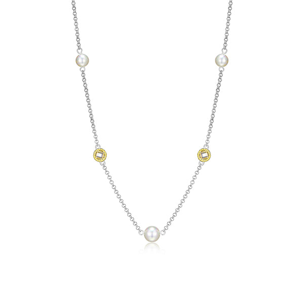 ELLE "Majestic" 2 Tone Sterling Silver with White Pearl and Round Cubic Zirconia Necklace - Gold and Silver