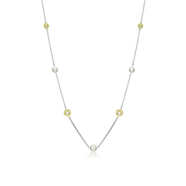 ELLE "Majestic" 2 Tone Sterling Silver with White Pearl and Round Cubic Zirconia Station Necklace - Gold and Silver