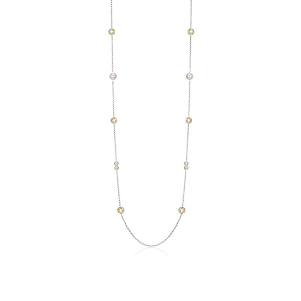 ELLE "Majestic" 2 Tone Sterling Silver with White Pearl and Round Cubic Zirconia Station Long Necklace - Gold and Silver