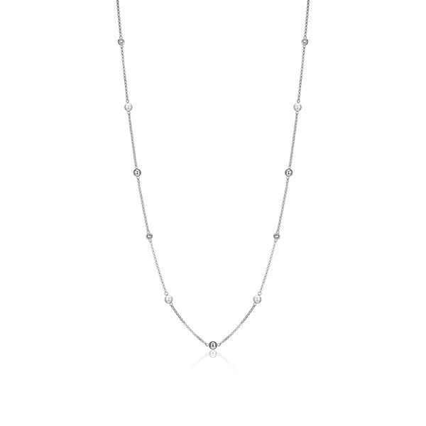 ELLE "Majestic" Sterling Silver with White Pearl and Round Cubic Zirconia Bead Station Necklace- Silver