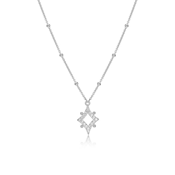 ELLE "Stellar" Sterling Silver Rhodium Plated Rhombus with Pave Cubic Zirconia Necklace with Bead Chain - Silver