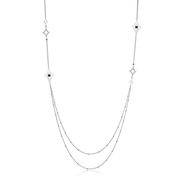 ELLE "Stellar" Double Layer Station Long Necklace with Sapphire - Silver