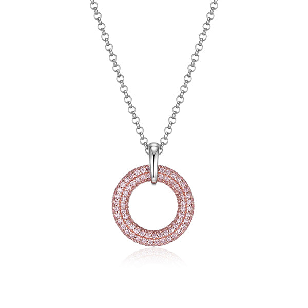 ELLE "Stardust" Round Clear Cubic Zirconia in 15mm Circle Pendant with Rolo Chain - Rose Gold