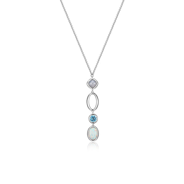 ELLE "Mirage" Topaz and Agate with Opal Bezel Set Long Necklace - Silver