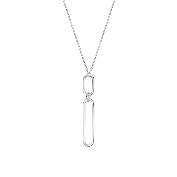 ELLE "Parallel" Open Oblong Link with Marquise Cubic Zirconia Long Necklace - Silver