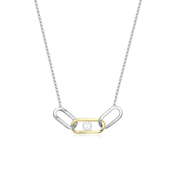 ELLE "Parallel" Sterling Silver Open Oblong Link with White Pearl Necklace - Silver and Gold