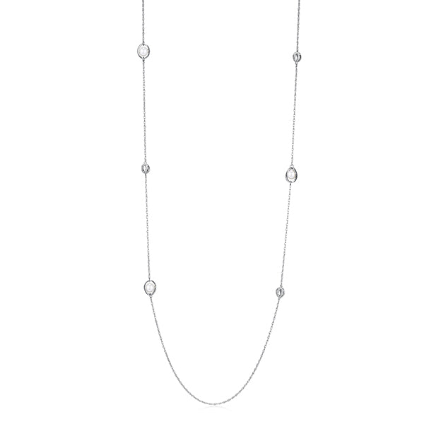 ELLE "Luna" Sterling Silver White Pearl and Cubic Zirconia Cage Station Long Necklace - Silver