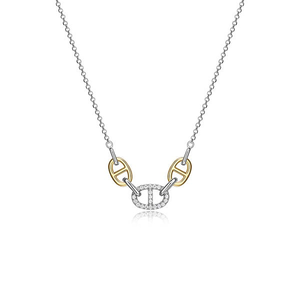 Charles Garnier Sterling Silver "Mariner Link" with Diamondlite Necklace - Silver and Gold