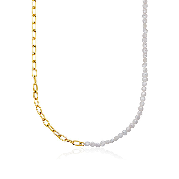 CJ Steelx Freshwater Pearl and Link Chain Necklace - Gold
