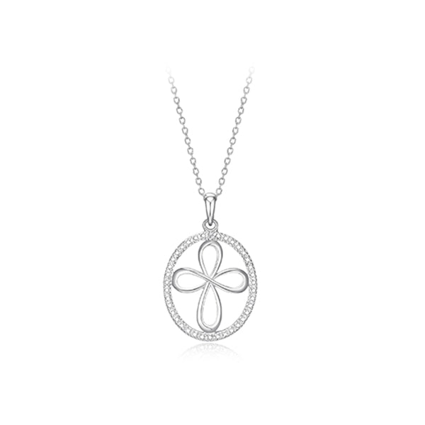 Sterling Silver Oval Cross Cubic Zirconia Pendant - Silver