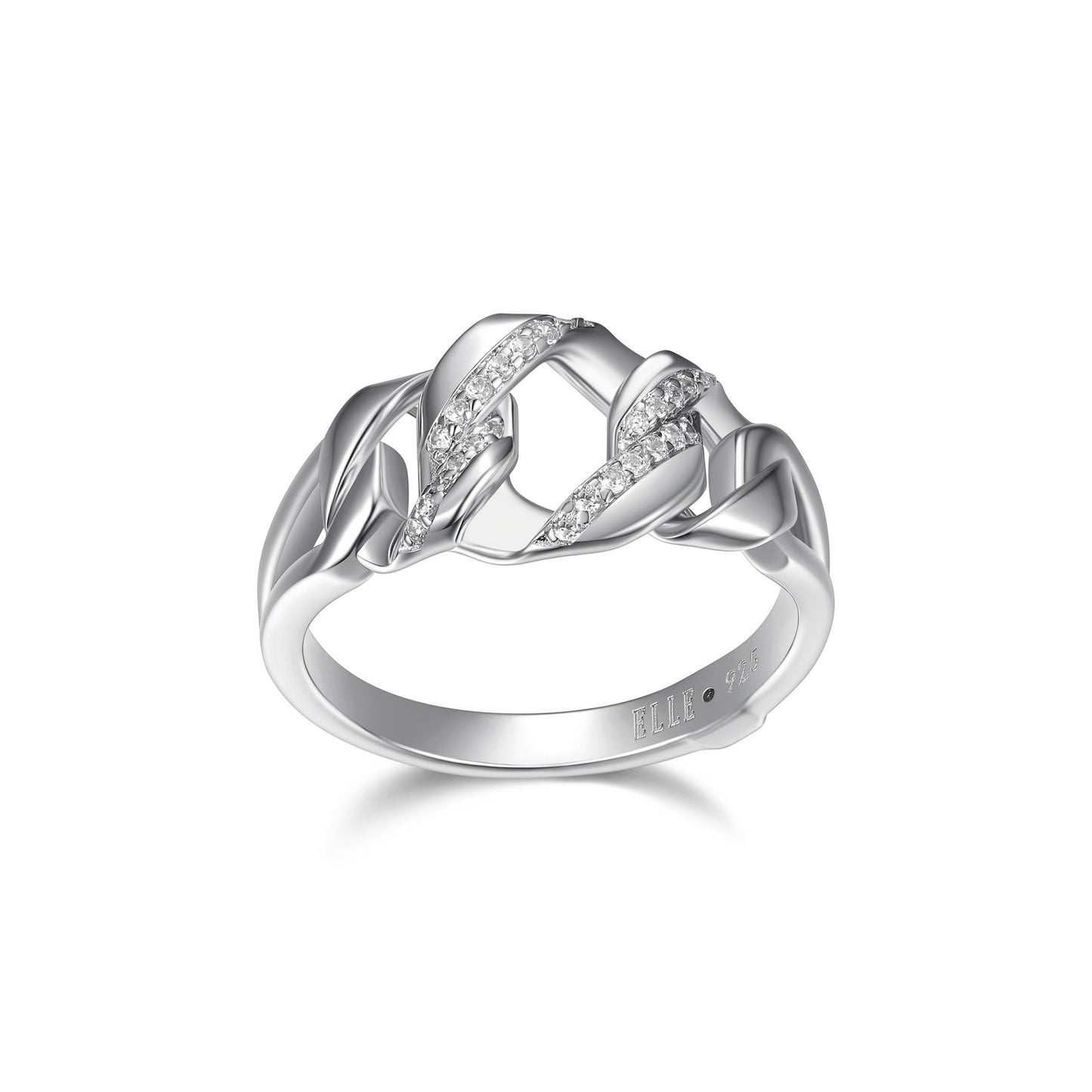 ELLE "Lattice" Sterling Silver Hexagon Link and Pave Cubic Zirconia Ring - Silver - Size 8