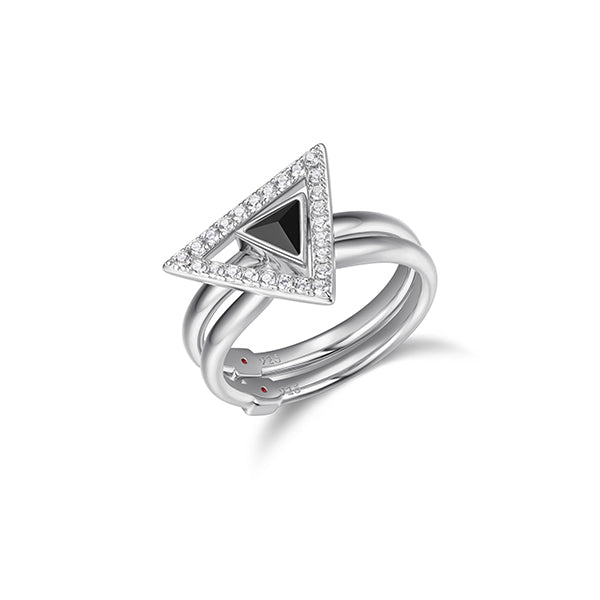 ELLE "Spatial" Sterling Silver Black Agate and Pave Cubic Zirconia Duet Rings - Silver - Size 6