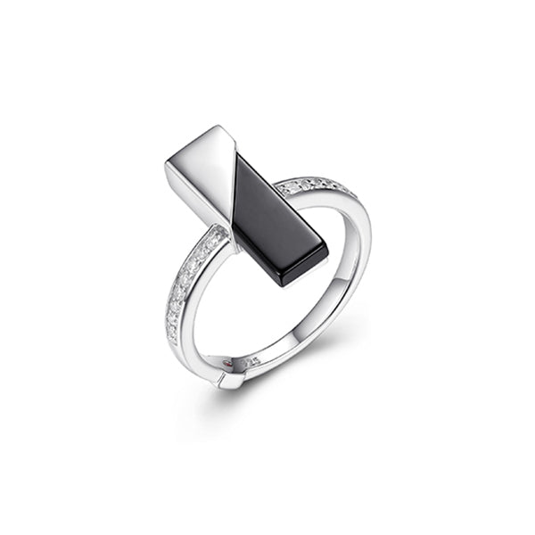 ELLE "Spatial" Sterling Silver Black Agate and Pave Cubic Zirconia Bar Bracelet - Silver - Size 6