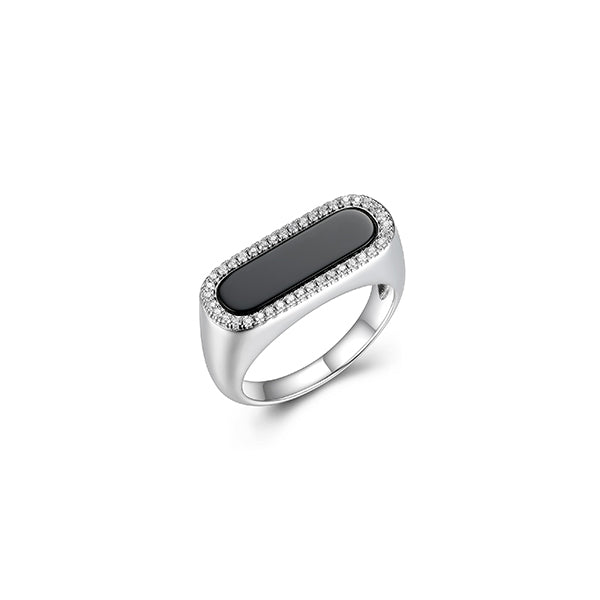 Charles Garnier Sterling Silver "Paperclip" Oval Black Agate with CZ Ring - Silver - Size 7