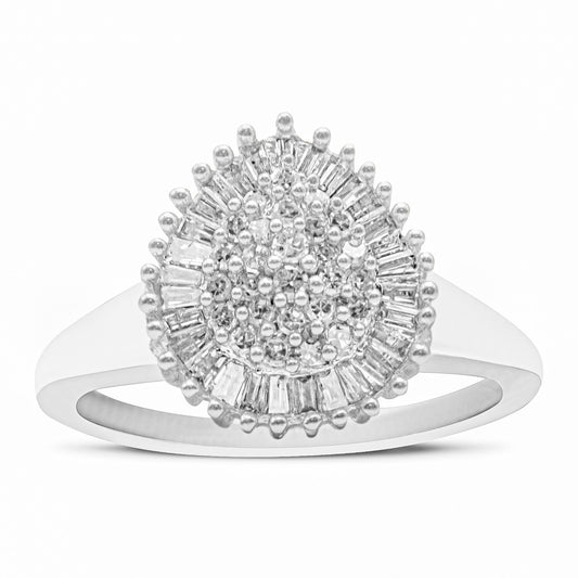 10K White Gold 1/2 Cttw Round & Baguette Cut Diamond Pear Shaped Domed PavÃ© Cluster with Halo Cocktail Ring (H-I Color, SI1-SI2 Clarity)